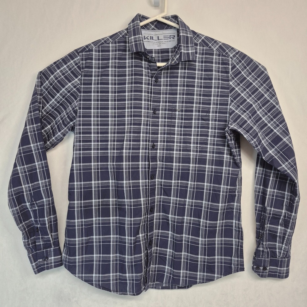 Killer Mens Navy Blue White Plaid Button Down Shirt Long Sleeve Cotton Large‎